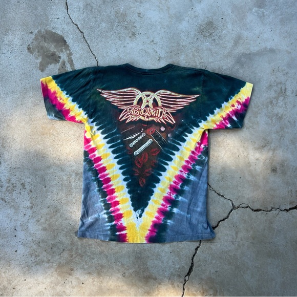 Vintage 90s single stitched tie die Aerosmith tshirt green yellow liquid blue - Picture 2 of 8
